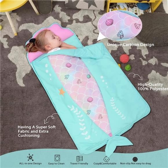 Toddler Nap Mat with Removable Pillow and Blanket - Pink Mermaids 48 x 20 - Picture 5 of 7